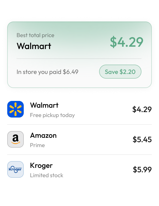 Oveo price comparison for a scanned product across Walmart, Amazon and Kroger